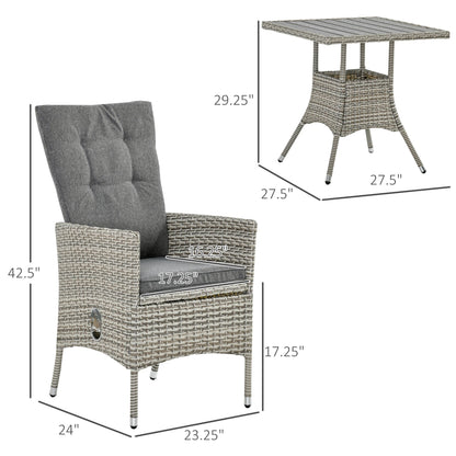 Ensemble de 3 canapés de patio Outsunny en rotin synthétique, chaises inclinables d'extérieur, table basse avec plateau en plastique grain de bois