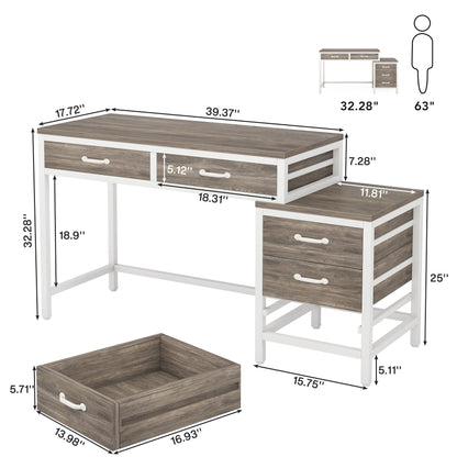 Bureau d'ordinateur réversible avec 5 tiroirs, bureau à domicile avec classeur, tiroir et support d'imprimante