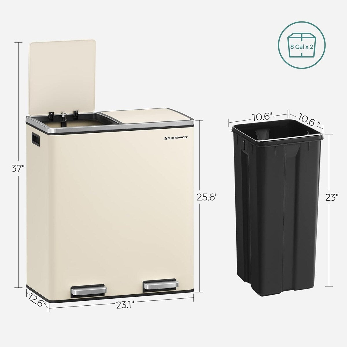 Poubelle double SONGMICS, 16 gallons, en acier inoxydable, couleur amande