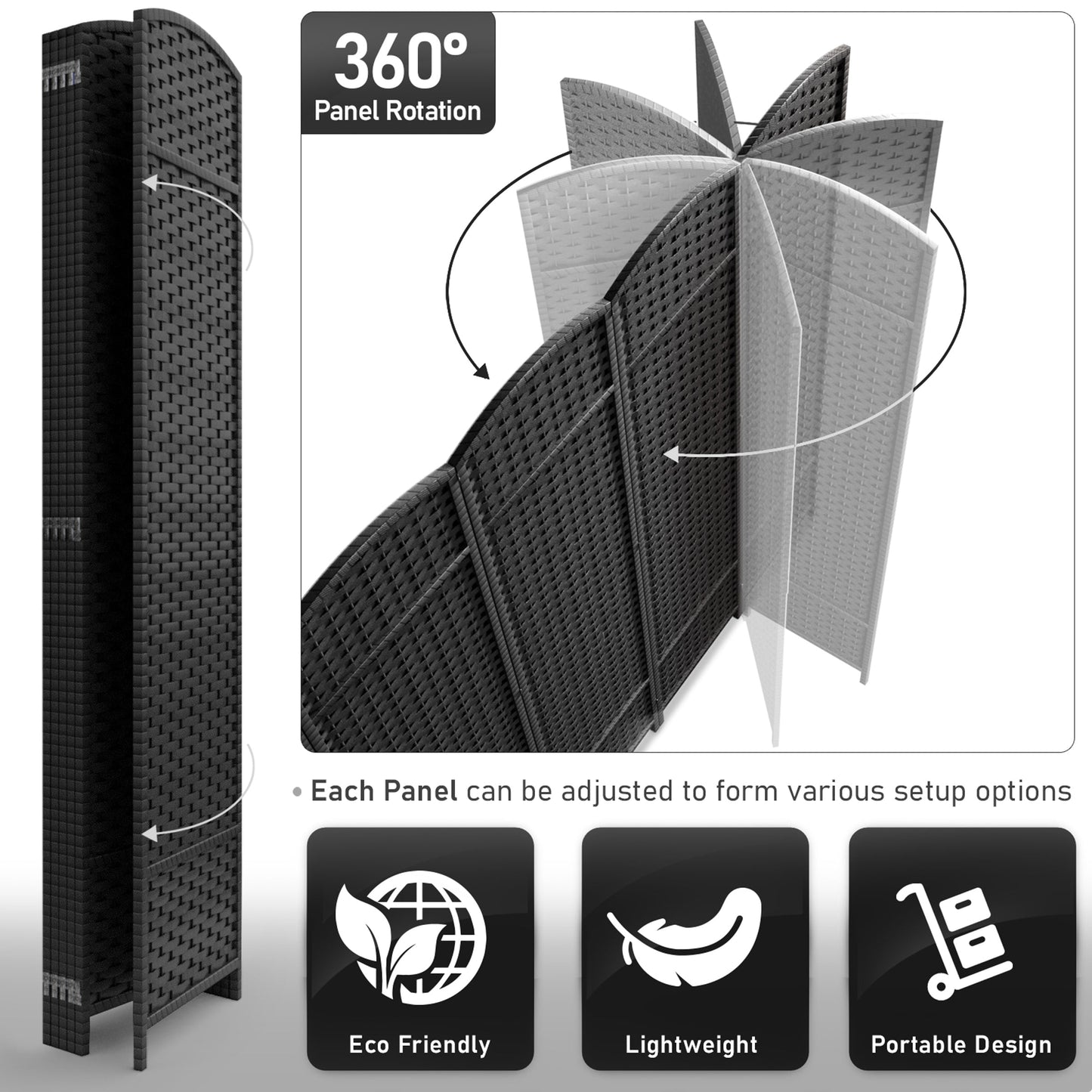 Séparateur de pièce Sorbus à 6 panneaux, cloison de séparation extra large et pliable, tissé à la main, à double charnière, en maille - 1,8 m