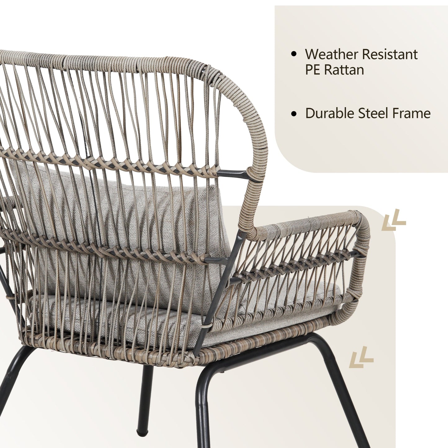 Ensemble de bistrot d'extérieur 3 pièces en osier, mobilier de jardin en rotin toutes saisons, chaises de patio avec coussins