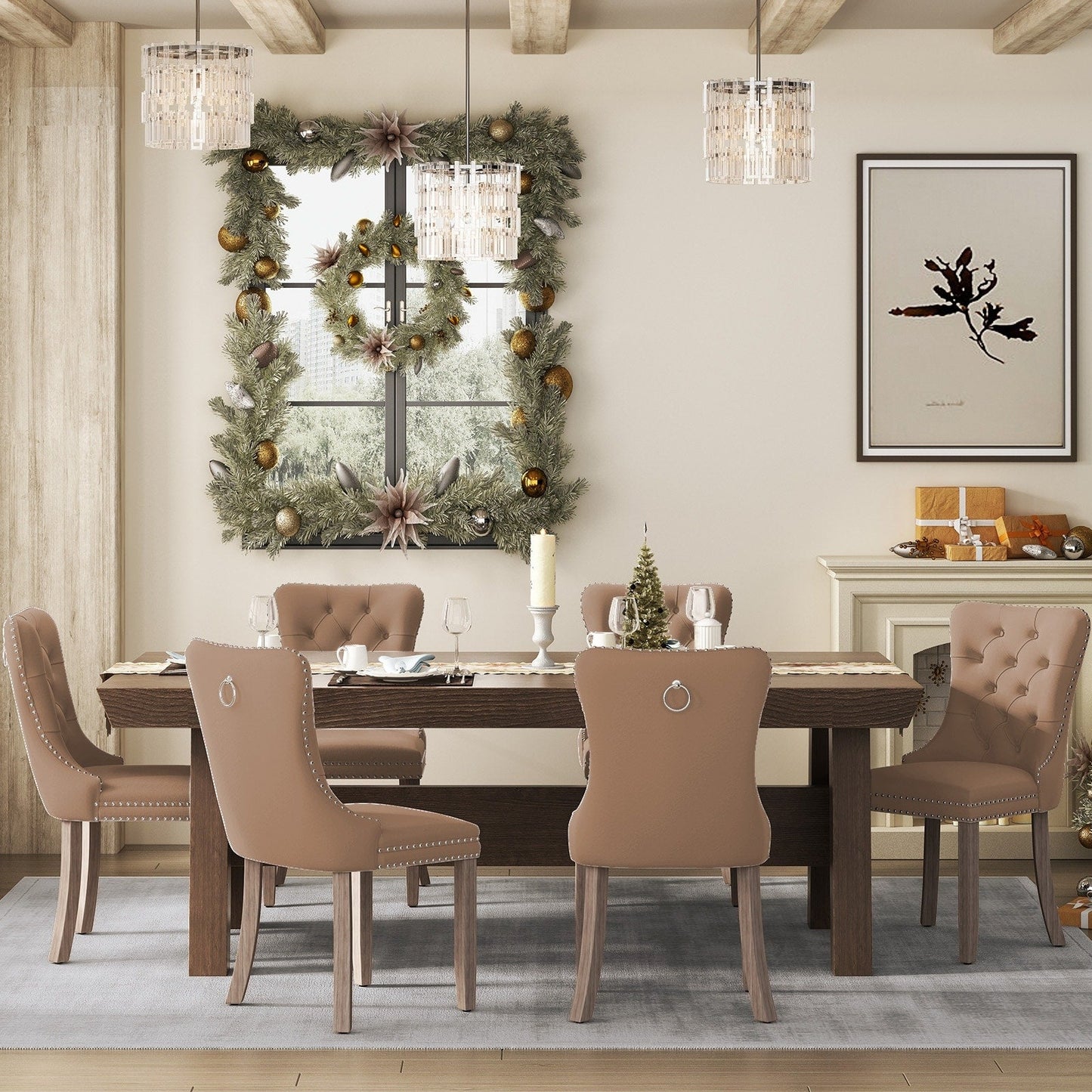 Chaise de salle à manger capitonnée en velours avec pieds en bois massif, lot de 6