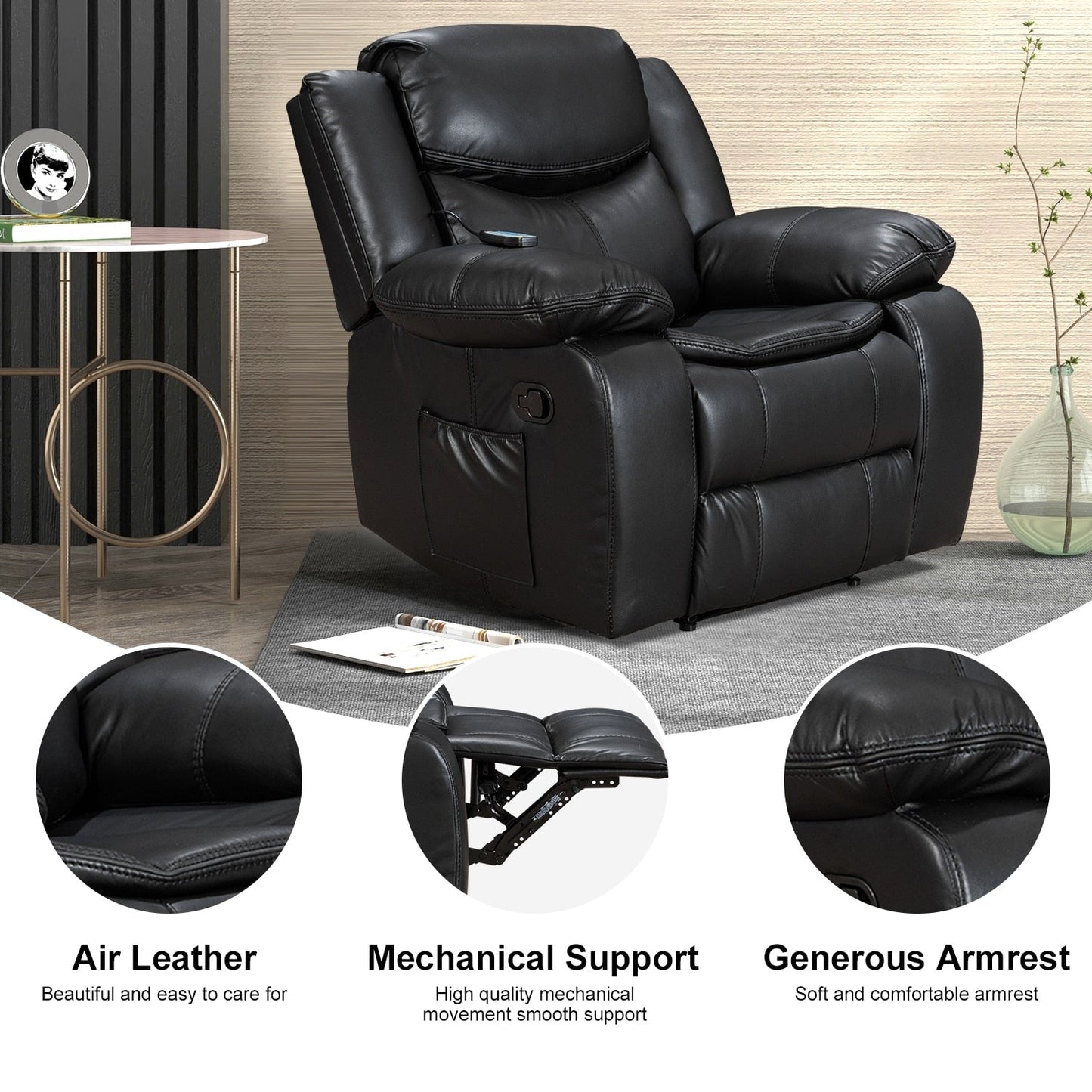 Fauteuil inclinable chauffant et massant en cuir durable à siège large